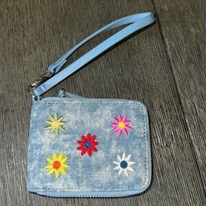 Women's Blue Washed Denim Flower Embroidered Wristlet Wallet
